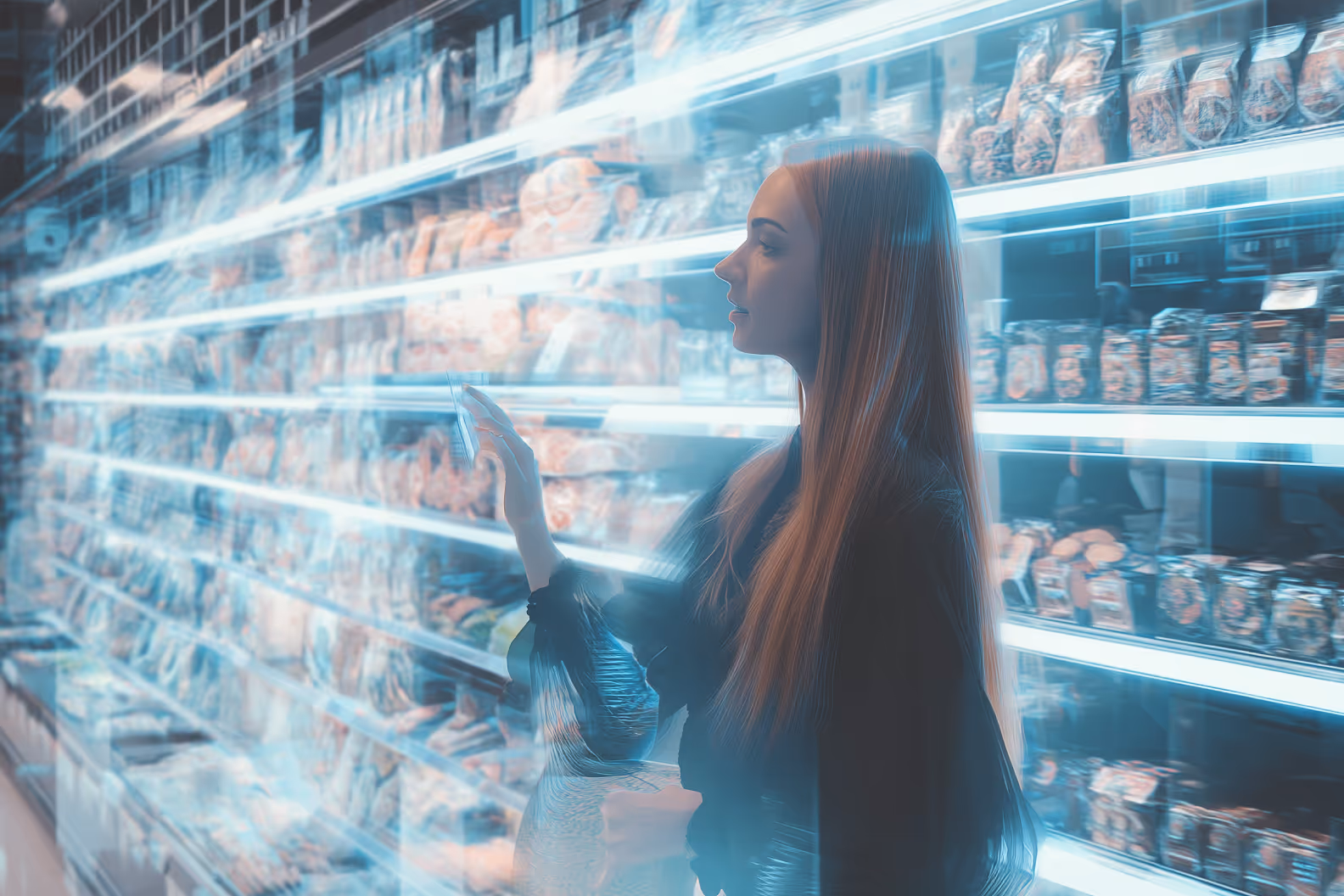 Girl stays in futuristic grocery store